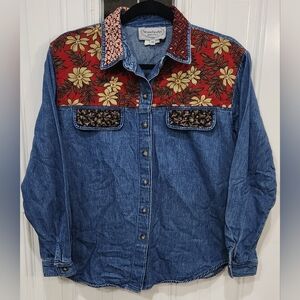 Vintage Stonbridge floral patchwork denim shirt women's size Medium Petite